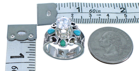Genuine Sterling Silver Flower Cubic Zirconia Turquoise Inlay Ring Size 6-1/2 LX113104